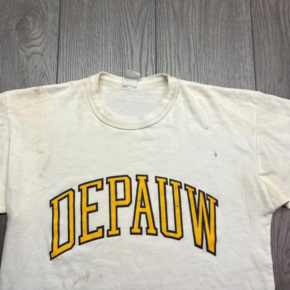 Vintage Depauw University 1980s White T Shirt Medium Single Stitch Spell Out - Picture 2 of 10